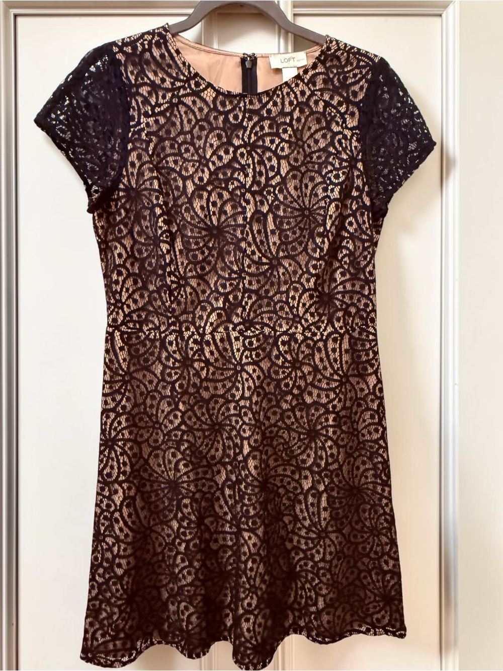 LOFT Petite Black Lace Dress with Nude Underlay Like New